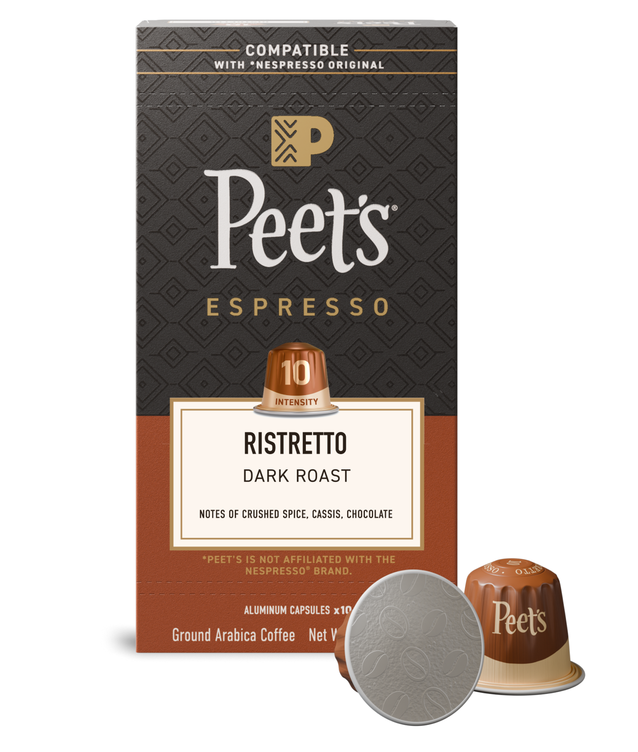 Peet's Espresso Ristretto coffee capsule packaging with a single capsule on a white background